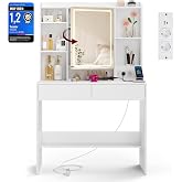 VASAGLE Dressing Table with LED Lights, Strip, Mirror, 2 Drawers | Kailyn RDT143WB01 Makeup Table, 3 Colors with Adjustable B