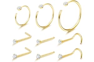 Kakonia 22G 9Pcs Petits Anneaux de Nez Goujons Cristaux d'Autriche Acier Inoxydable Tire-Bouchon Anneaux de Nez Helix Piercings Hoop Ensemble de Bijoux de Corps