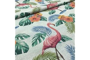 Kt KILOtela - Tela por metros de loneta estampada - Ancho 280 cm - Largo a elección de 50 en 50 cm | Flamencos y flores - Rosa, verde, azul, blanco