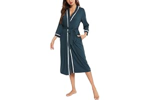 Vlazom Womens Dressing Gown Soft Kimono Robe V-Neck Long Knit Bathrobe Nightwear Sleepwear for All Seasons S-XXL