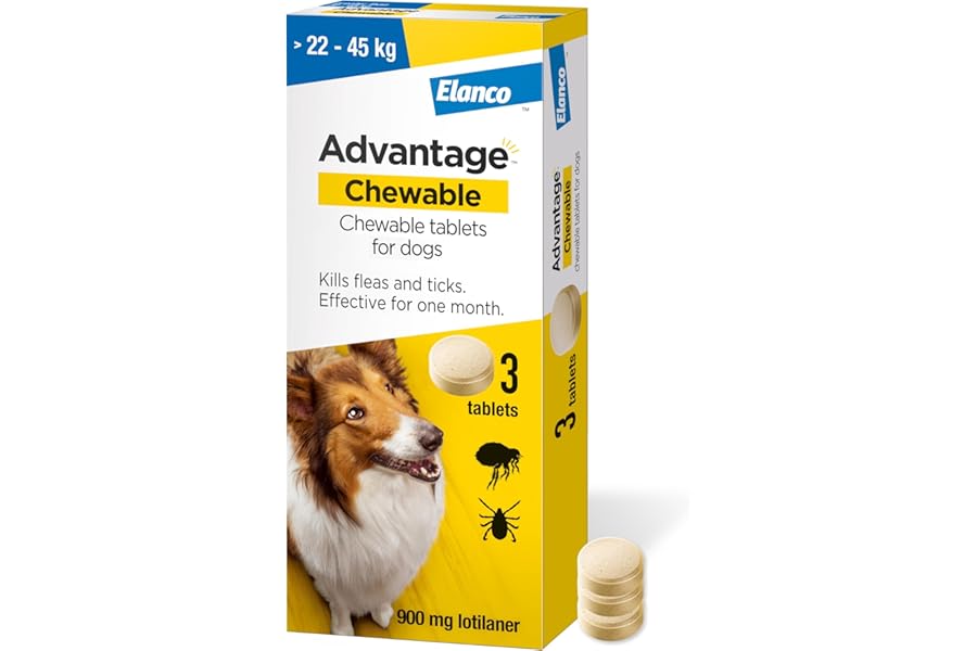 Advantage Chewable >22-45kg Chewable Tablets for Dogs 900mg (3 pack), Flea and Tick Treatment, Fast Acting Kills Fleas Within Hours, Prevention Lasts For A Month, Easy To Administer