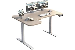 Radlove Biurko narożne z elektryczną regulacją wysokości, w kształcie litery L, z podwójnym silnikiem i wyświetlaczem LED, 150 x 78 cm, biurko stojące, regulowane biurko do biura domowego i biura, dąb
