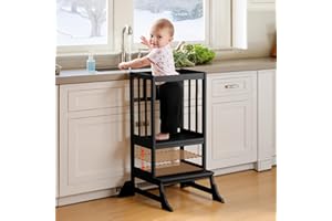 COSYLAND Toddler Kitchen Step Stool Height Adjustable - Nursery Step Stool for Kids with Anti-fall Feet - Wodden Standing Tower for Kitchen Counter - Mothers' Helper Kids Learning Stool (Black)