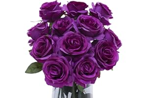 Floralsecret 12 Pcs Artificial Roses Flowers Silk Flower Bouquet Fake Single Stem with Long Stem for Home Wedding Party Garden Decoration(Purple)