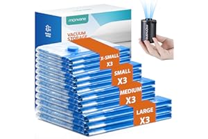 MONVANE Bolsas Vacío Ropa con Bomba Eléctrica Inalámbrica, 12 Piezas (3 * 80 x 60 cm, 3 * 70 x 50 cm, 3 * 60 x 40 cm y 3 * 50 x 30 cm), para Viajes, Edredones, Mantas y Almohadas