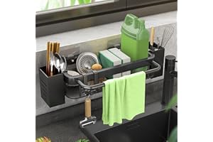 UMILKI Organizador Fregadero Adhesivo, Soporte de Esponja sin Taladrar, Soporte estropajo fregadero cocina de Acero Inoxidable, con 2 Estantes de Metal/Toallero /2 tornillos autoadhesivos, Esponjas/Cepillos