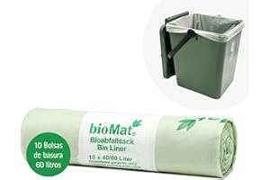 bioMat Bolsas de Basura 60l Compostables, 10 Bolsas para Cubo de Basura Orgánica y Reciclaje de Residuos, Neutralidad Climática, Fabricado en Alemania