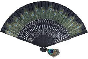 ‎HZTYYIER Bambus-Handfächer mit Pfauenmuster, 38,1 X 21,6 Cm, Einzigartiges Design, Antiker Stil, Langlebig, Elegant