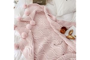 OLIVESLEEP Heiße Strickdecke, niedlicher Stil, grobe Chenille, Überwurf, Decke, Sofa, Bett, Stricken mit Pompons, Dekoration, weich, warm, bequem für Junge Mädchen und Jungen (rosa, 130 x 160 cm)
