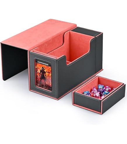 Boîte Rangement Cartes MTG Commander – Capacité 160+ Cartes Double Sleeve, Avec Séparateurs, Plateau à Dés, Noir/rouge