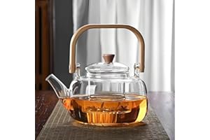 DxxD Teiera in Vetro Resistente 1000ml con Infusore Integrato Removibile, Coperchio di Vetro, Compatibile con Fornelli per Tè, Tisane, Caffè, Sfuso, Senza Gocce