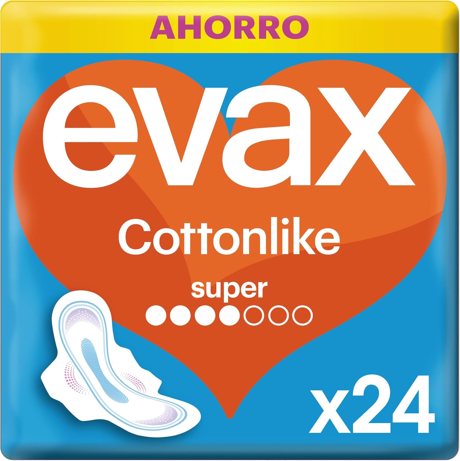 Evax Cottonlike Super Compresas Con Alas, Pack de 24, Protección Durante El Día, Absorben Flujo Repentino, Eliminan Malos Olores, Capa Superior Extrasuave, 100% Limpia y 0% Olor
