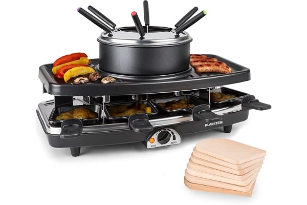 Klarstein Appareil a Raclette et Fondue 3-en-1, Machine a Raclette avec Pierrade de 1100W, Gril en Pierre, pour 8 Personnes, Poelon , Fourchettes à Fondue, Service