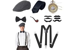 ZOCONE 12 Pezzi a Set Accessori Anni 20 Uomo, 1920s Gatsby Accessori per Costumi, con Cappello Panama, Bretelle Elastiche Y-Back, Orologio da Tasca Vintage e Baffi, Cravatta, Farfallino