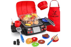 LYPSOCHAAT Kids Toy BBQ Play Food Set with Chef Dress Up Outfit, Grill Cooking Playset Role Play Toys with Kitchen Accessorie & Realistic Smoke/Sound/Light, Pretend Play Toys for 3 4 5 Year Old Girls Boys Gifts