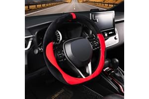 COFIT Funda Volante Coche Universal Peluche, Suave y Antideslizante Protector Volante Invierno SUV Camión Accesorios 37–38 cm con Marcado Central, Negro y Rojo