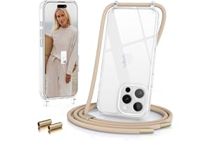 GOODVISH Handykette für iPhone 16 Pro Hülle mit Band (6.3") | Kameraschutz und Bildschirmschutz | | Necklace Handyhülle mit Schnur Schutzhülle für zum Umhängen | Transparent Case mit Kordel, Helbraun
