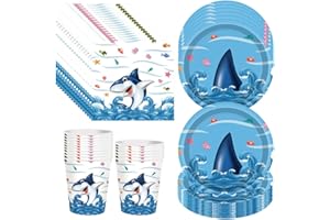 MEZHEN Squalo Stoviglie per Feste di Compleanno Oceano Decorazioni Animale Stoviglie per Compleanno Bicchieri Piatti Bicchieri di Carta Tovaglioli 16 Ospiti