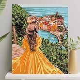 Palmiye Hobi Sanat Sayılarla Boyama Tuval Seti Fır&ccedil;a Boya Dahil (&Ccedil;ıtalı) 40x50 CM - Sarı Elbiseli Kız