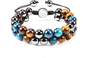 VGWON Bracelet Triple Protection pour Homme Femme 8/10mm HéMatite Noire et Bleue Oeil de Tigre Bracelet de Perles en Pierre Naturelle pour Homme Femme Bonne Chance et ProspéRité