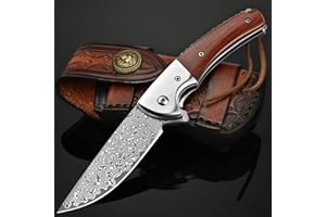 LOTHAR FLAMINGO Couteau de Poche, Couteau Pliant Damas en Acier Damassé 67 Couches, Couteau Pliant à une Main Avec étui en Cuir, Manche en Bois Damas à une Main, Pour Collection ou Cadeau