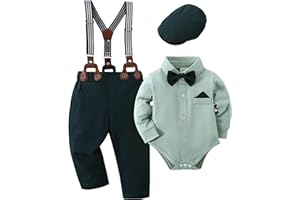 Amissz Baby Boys Gentleman Suit, 0-18 Months, 4-Piece Children's Wedding, Festive Christening Romper with Bowtie Shirts + Braces Overalls