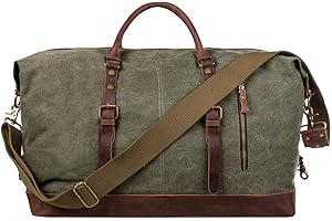 S-ZONE 60L Lona Grande Cuero Genuino Ajuste Viaje Tote Duffel Hombro Bolsa de Fin de Semana Unisex Fin de Semana Durante la Noche Carryon Bolso Hombro, Verde Militar, X-Large