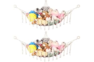 WUFANC 2er-Pack Kuscheltier Aufbewahrung Netz, Boho Makramee Stofftier Aufbewahrung Hängend Spielzeug Organizer für Kinderzimmer Deko - Netz für Kuscheltiere Einfach Organisieren und Aufbewahren