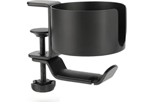 LINGSFIRE Supporto per Cuffie Rotazione a 360°, Portabicchieri Clip Universale Gancio Cuffie Alluminio con Organizzatore di Cavi, Supporto per Cuffie da Gioco Regolabile per Casa, Ufficio