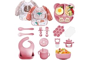 Bizcasa 14er Baby Geschirrset, Silikon Baby Weaning Besteck Set, Rutschfest, Teller, Schüssel, Lätzchen, Löffel, Gabel, Fruchtsauger, Babybrei Einfrieren Behälter, Beißring Baby, BPA Frei (Dunkelrosa)