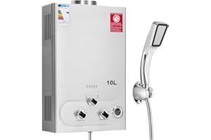 Fulgutonit Chauffe-eau à Gaz 10L Avec Douche Suralimentée,Chauffe-eau à Gaz GPL Propane Butane Adapté à La Maison,au Camping-car et à L'extérieur