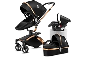 SUTTONBEBE Sistema de Viaje 3 en 1 Reversible Carrito con Capazo para Niños Cochecito de Bebé Carrito Estándar Portátil Silla de Paseo Plegable de Lujo Carrito Bebe 3 Piezas Alto Paisaje (906 Black)