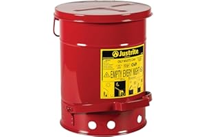 Justrite SoundGuard Steel Oily Waste Bin with Foot-Operated Lid, 20 L, Red