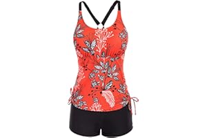 JASAMBAC Women's Strappy Tankini Swimsuits Drawstring Bathing Suits Two Piece Floral Print Swimwear with Shorts