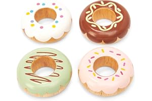 Le Toy Van - TV332 - Gioco educativo ciambelle finte, giocattolo per bambini, 2 anni, set da 4 donuts con confezione regalo, gioco Montessori, in legno naturale FSC e colori a base d'acqua