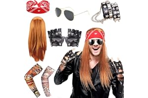 BIQIQI Disfraces de Rock Kit de Rockero 70 80 90 Costumes Disfraz Rockero Metal Pesado Disfraces de Rock con Peluca Guantes Gafas de sol, Pañuelos,Pulsera,Mangas