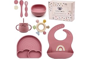 Lucky Koala® Coffret Repas Bébés en Silicone I Assiette et Bol avec Ventouse, Bavoir, Tasse et Cuillères d'apprentissage, Anneau Dentition I Qualité Alimentaire I Sans BPA I Coffret Cadeau