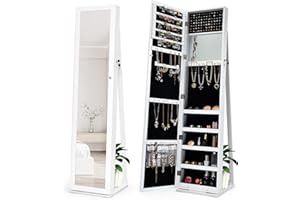 CASART Jewellery Cabinet, 3 in 1 Standing Jewelry Armoire with Full-Length Mirror and Storage Shelf, Lockable Jewellery Organiser for Earring Ring Necklace Cosmetics (Fixed White)