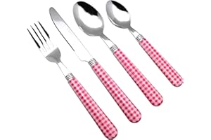 EXZACT Cutlery Set 24pcs Stainless Steel with Gingham Check Coloured Handles - 6 x Forks, 6 x Dinner Knives, 6 x Table Spoons, 6 x Tea Spoons (Pink x 24 pcs)
