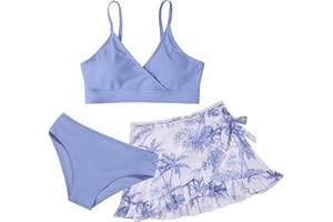 USAIBHIR Girls Swimsuit Bikini Set 3 Piece Swimming Costume with Skirt Cover Up Floral Printed Surfing Beach Swimwear 9-16 Years