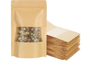 LOLYSIC 100 Stück 12 x 20cm Braune Papier Beutel, Stand-Up-Druckverschluss-Papiertüten, wiederverschließbare große Lebensmittelaufbewahrungsbeutel