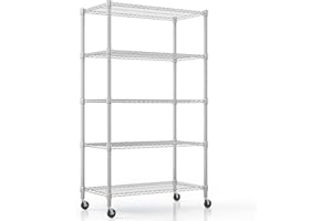 Himimi Étagère à 5 Niveaux avec Roulettes et Pieds Nivelants, Étagère de Rangement en Métal Réglable en Hauteur, Étagère de Rangement Debout pour Buanderie, Salle de Bain, Cuisine,90*45*208CM, Argent