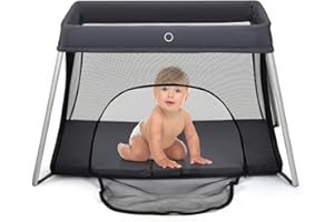 GYMAX Baby Travel Cot, 2 in 1 Portable Playpen Crib with Washable Mattress, Zipper Door and Storage Bag, Lightweight Infant Activity Play Center for 1-3 Years (Dark Gray)