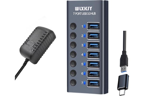 Aluminium Hub USB Alimenté, WLXKJY USB C to 7 Ports USB 3.0 SuperSpeed Port Distributor Data Hub avec Alimentation 36W et Interrupteurs Individuels pour Laptop et PC Hub USB 3.0 Alimenté