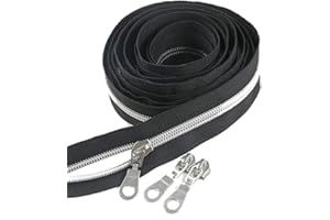 Leekayer #5 Silver Metallic Nylon Coil Zippers by The Yard Bulk 10 Yards Black Tape with 25pcs Silver Sliders for DIY Sewing Tailor Craft Bag(Silver Black)
