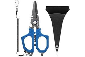 SAMSFX Tijeras de hilo trenzado de pesca con revestimiento de titanio y hoja de doble serración, mango Kraton, viene con funda dura y cordón en espiral