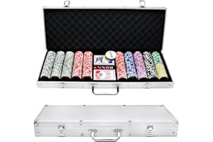 YARDIN Set di 500 Chip da Poker Con 5 Cubetti, 3 Spacciatori, 2 Mazzi, 2 Chiavi, Valigetta in Alluminio per Texas Hold'em, Feste, Giochi (Argento)