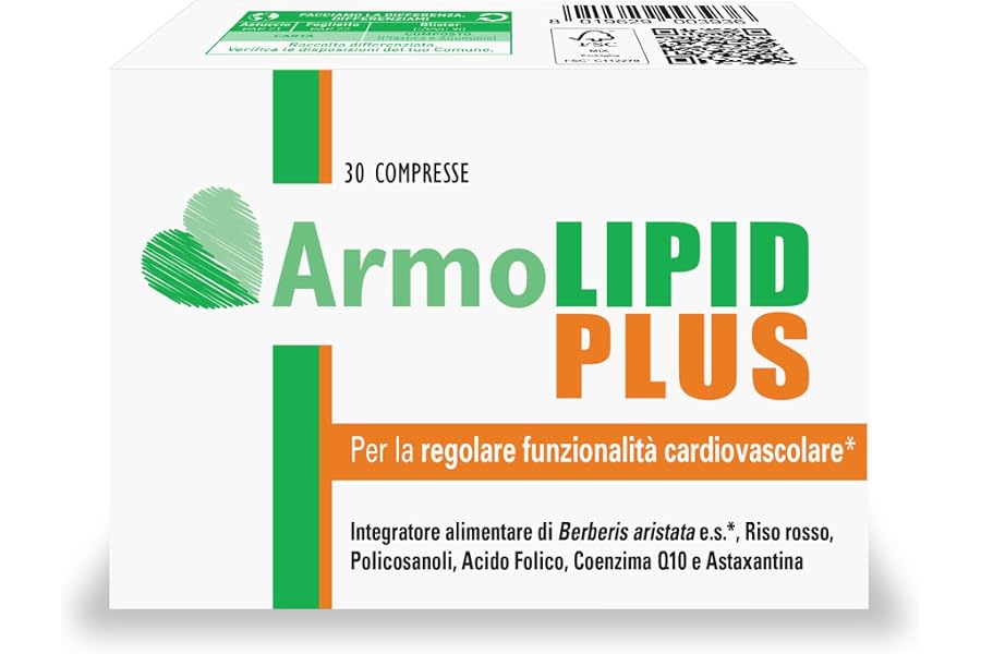 Armolipid Plus 30 Compresse, Integratore Alimentare con Berberis Aristata, Riso Rosso Fermentato, Acido Folico, Policosanoli,