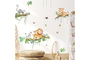 Tanlaby Animale Cartone Animato su Albero Adesivi Murali Leone Leopardo Lemure Sticker Murali Autoadesivo Adesivi da Parete Rimovibile Sticker Muro per Cameretta Bambini Sala Giochi Decorazione Murale