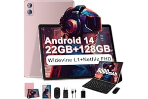 DGHRTI 2025 Newest Tablet 10 pollici Android 14, 22GB RAM+128GB ROM/TF 1TB, 8-core 2.0GHz, 8000mAh, UFS 2.1 Flash, Corpo in Metallo, Doppio WiFi, BT5.0, 8+5MP, Widevine L1, Con Tastiera e Mouse, Oro